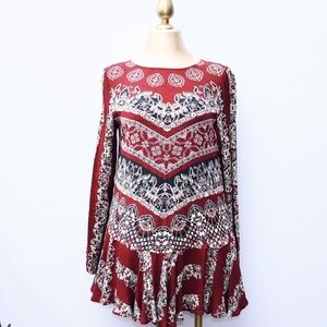 FREE PEOPLE Smooth Talker Tunic, Mini Boho Dress in Maroon, XS